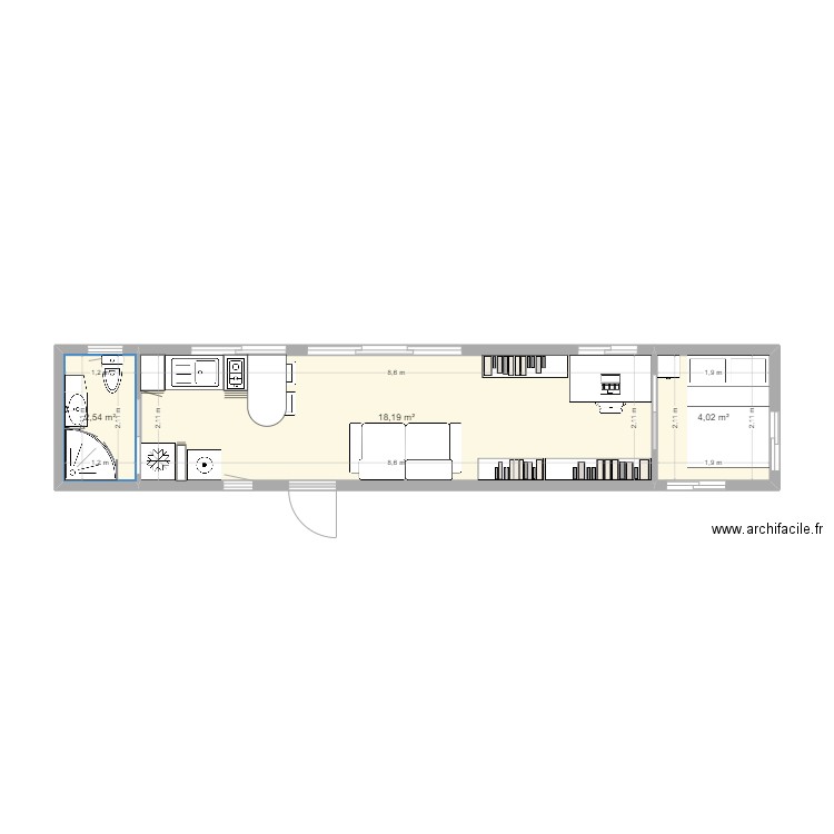 Container 40 feet nouvel essai 17. Plan de 3 pièces et 25 m2