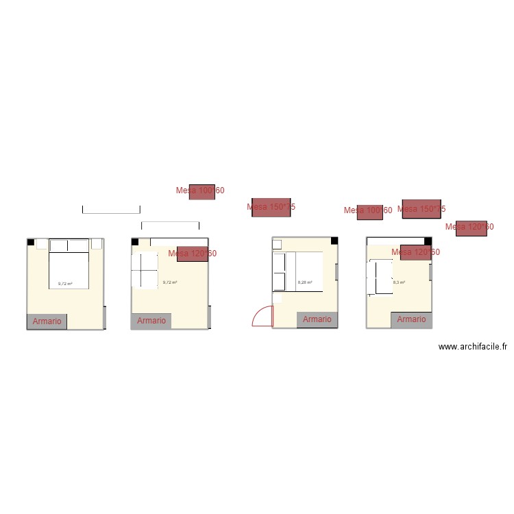 habitacion. Plan de 4 pièces et 36 m2