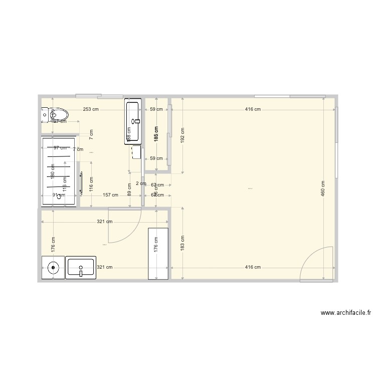 2021219 salle de bain avec cotes V2 . Plan de 4 pièces et 33 m2