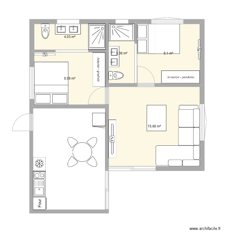 bungalow 2 chambres-2 bis. Plan de 5 pièces et 39 m2