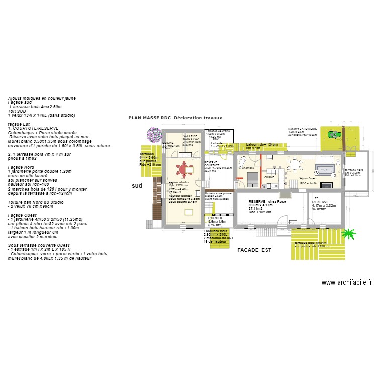 plan masse gros plan RDC déclaration de travaux avec détails ajouts. Plan de 3 pièces et 120 m2