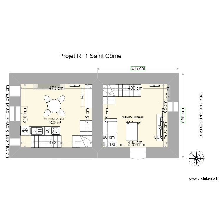 Projet R+1 Saint Côme. Plan de 2 pièces et 38 m2