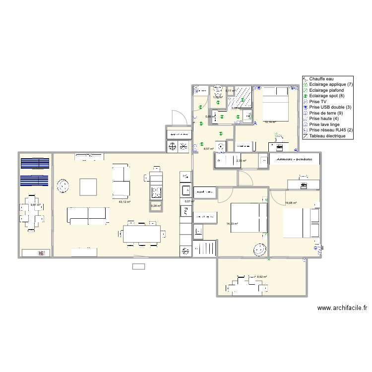 Santa Clara 2 face mer version famille V4. Plan de 14 pièces et 119 m2