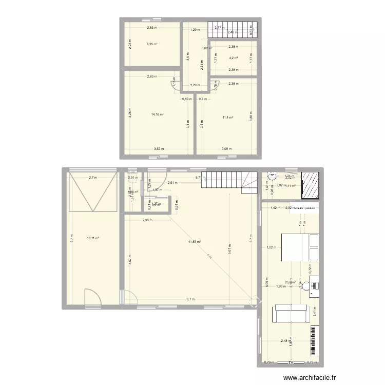 RDC + R+1 Maison. Plan de 11  et 133 m²