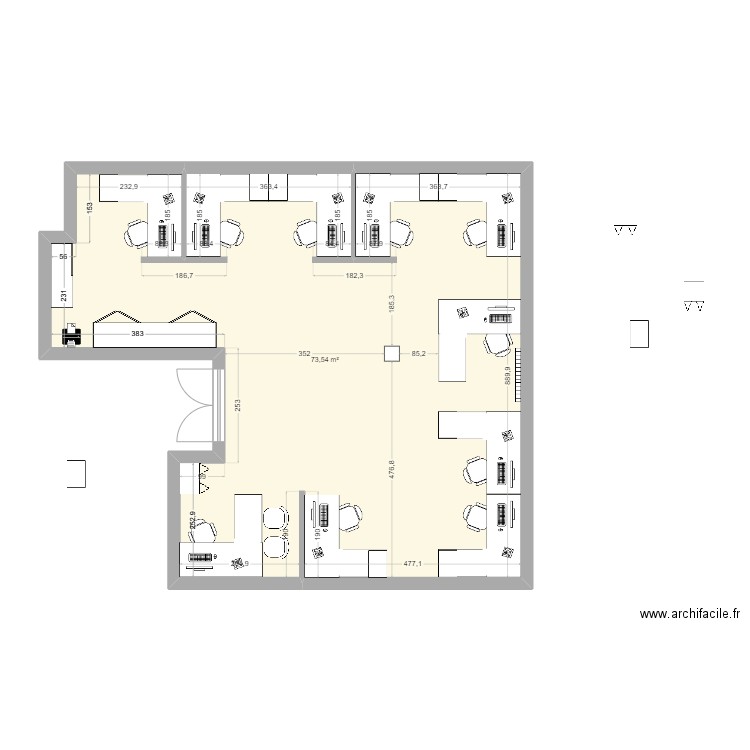 Bureau principal option 5. Plan de 1 pièce et 74 m2