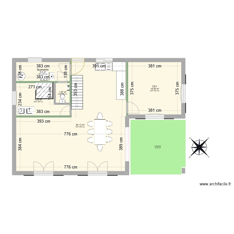 Maison2 RDC. Plan de 5 pièces et 73 m2