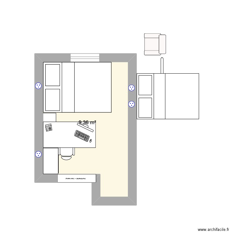 chambre. Plan de 1 pièce et 9 m2