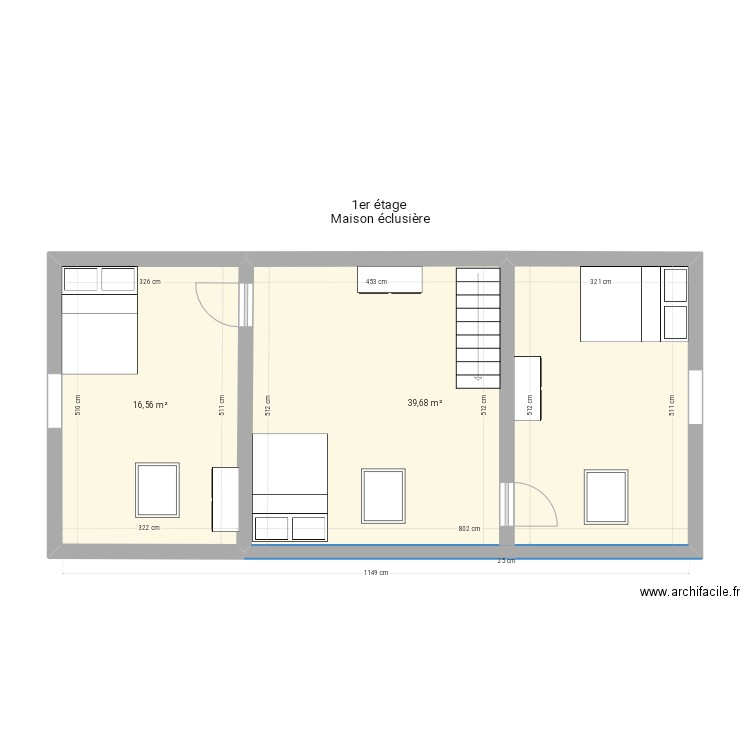 1er etage. Plan de 2 pièces et 56 m2