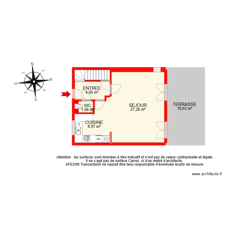 BI 9419 RDC. Plan de 6 pièces et 64 m2