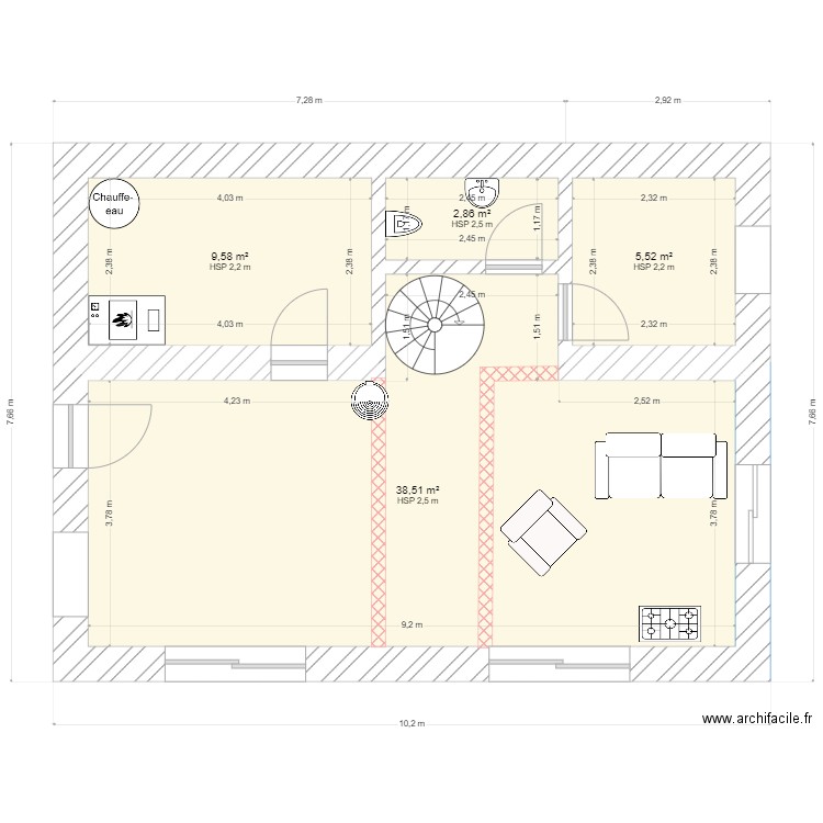 rez transformé. Plan de 4 pièces et 56 m2