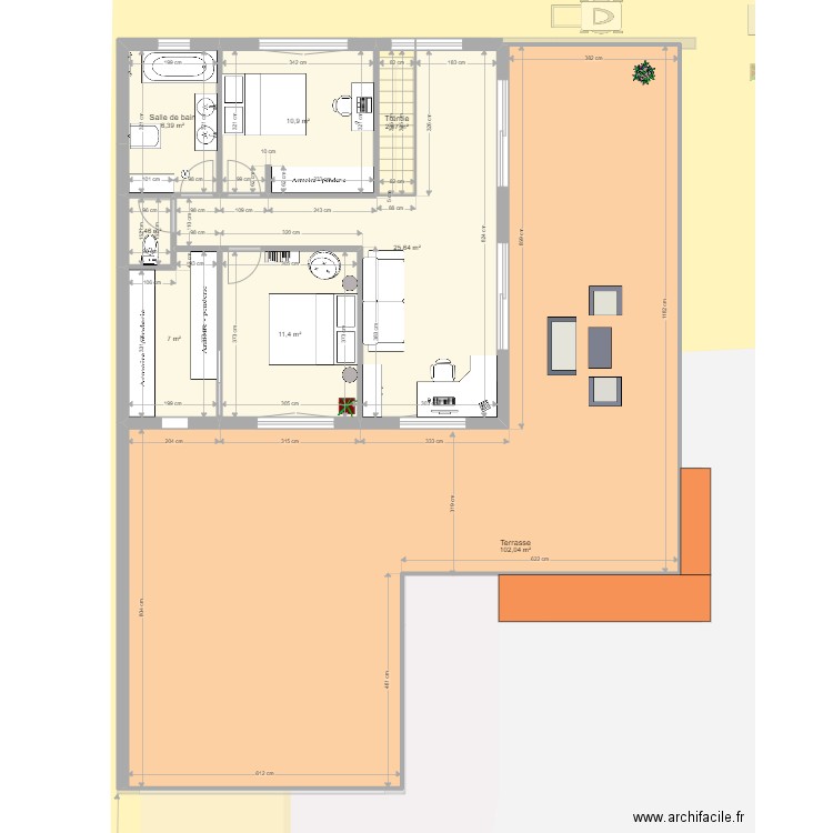 Maison L, chambre parentale finale. Plan de 16 pièces et 322 m2