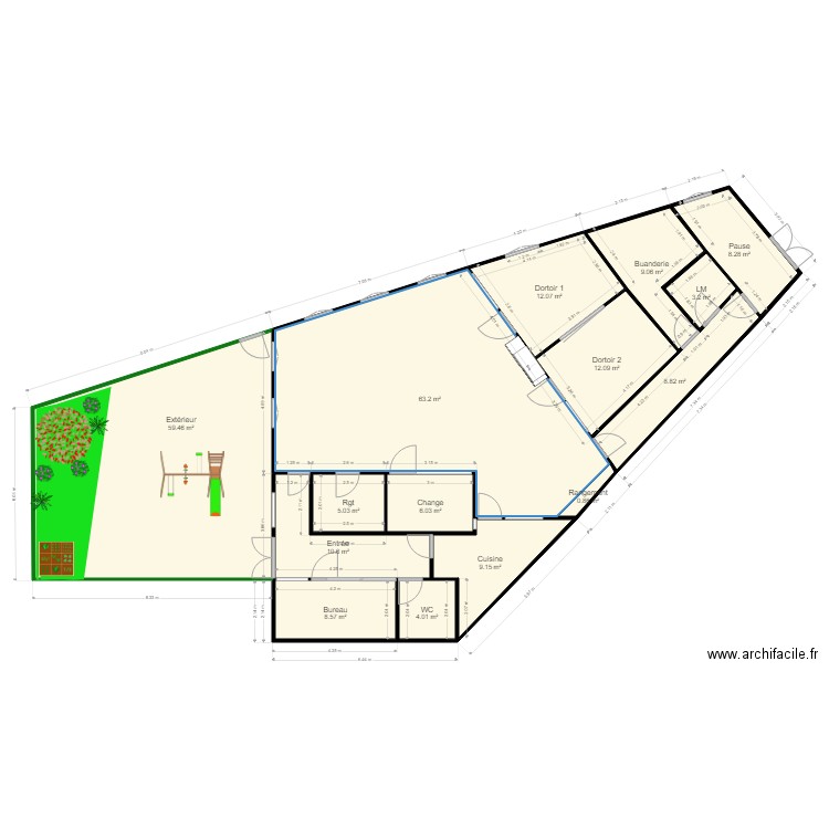 Micro-crèche Bernes + aménagement + retouche surface V2. Plan de 15 pièces et 220 m2