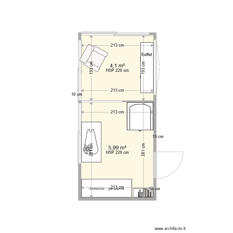 Véranda en chambre avec meubles v2. Plan de 2 pièces et 10 m2