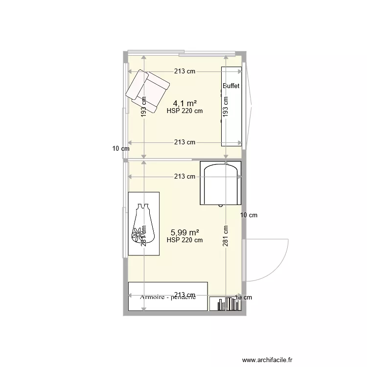 V&eacute;randa en chambre avec meubles v2. Plan de 