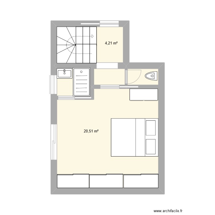 la colle niveau -1. Plan de 2 pièces et 25 m2