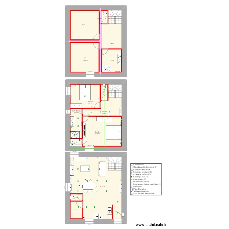 sandrans. Plan de 15 pièces et 216 m2