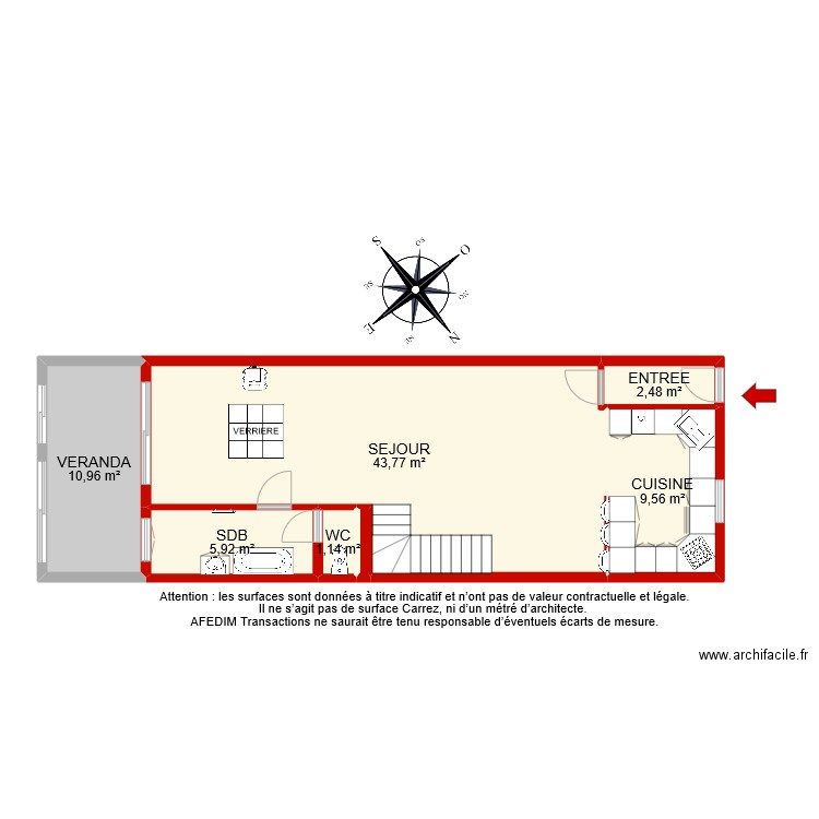 BI 8442 RDC. Plan de 7 pièces et 74 m2