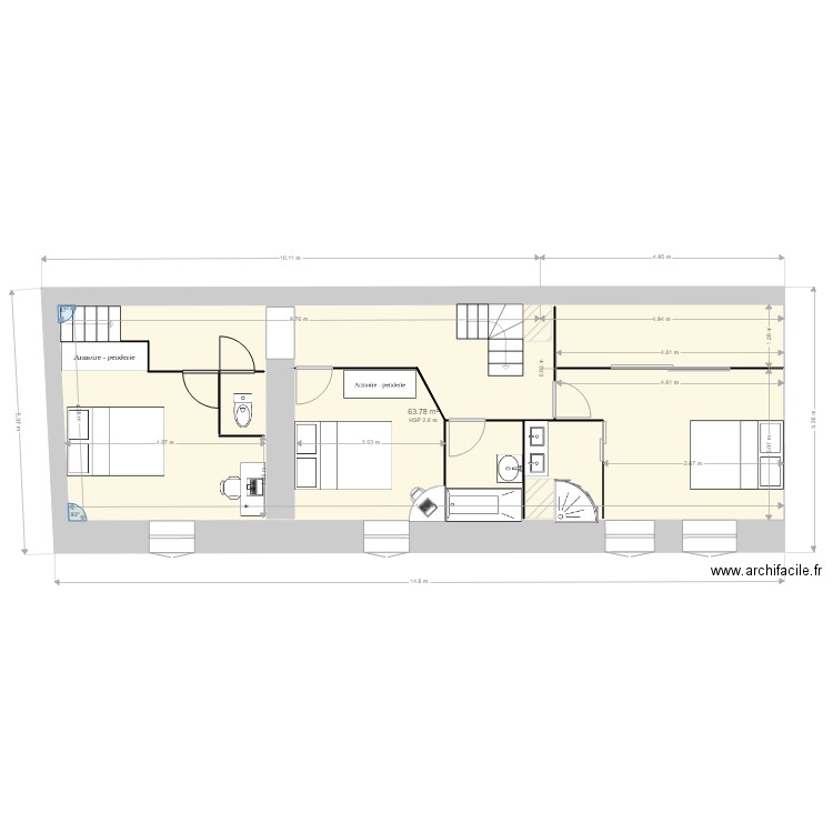 PJ EF3. Plan de 2 pièces et 128 m2