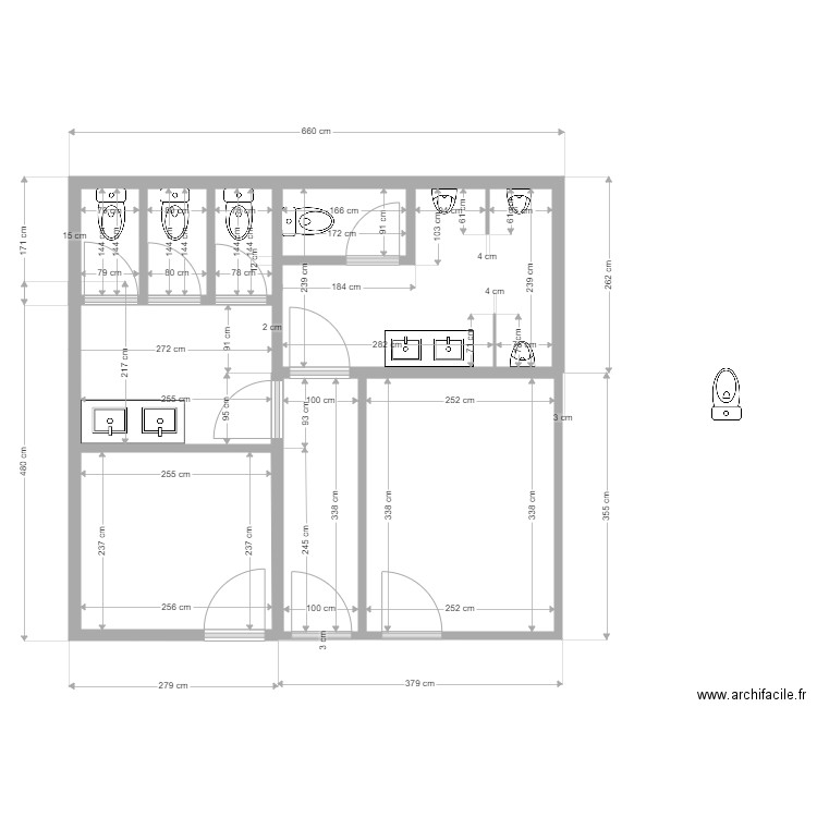 toilette musso avec salle technique. Plan de 7 pièces et 30 m2