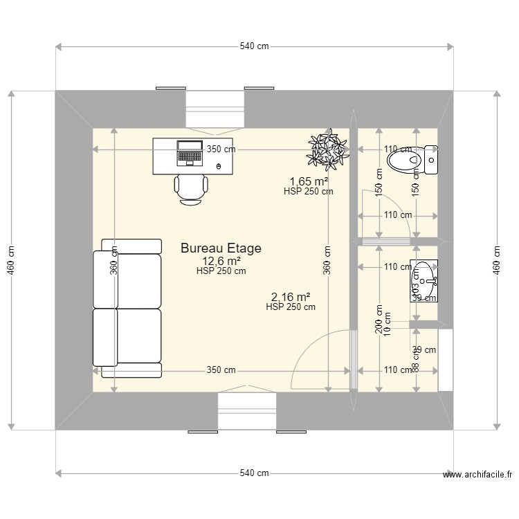 Bureau Etage Version2. Plan de 3 pièces et 16 m2