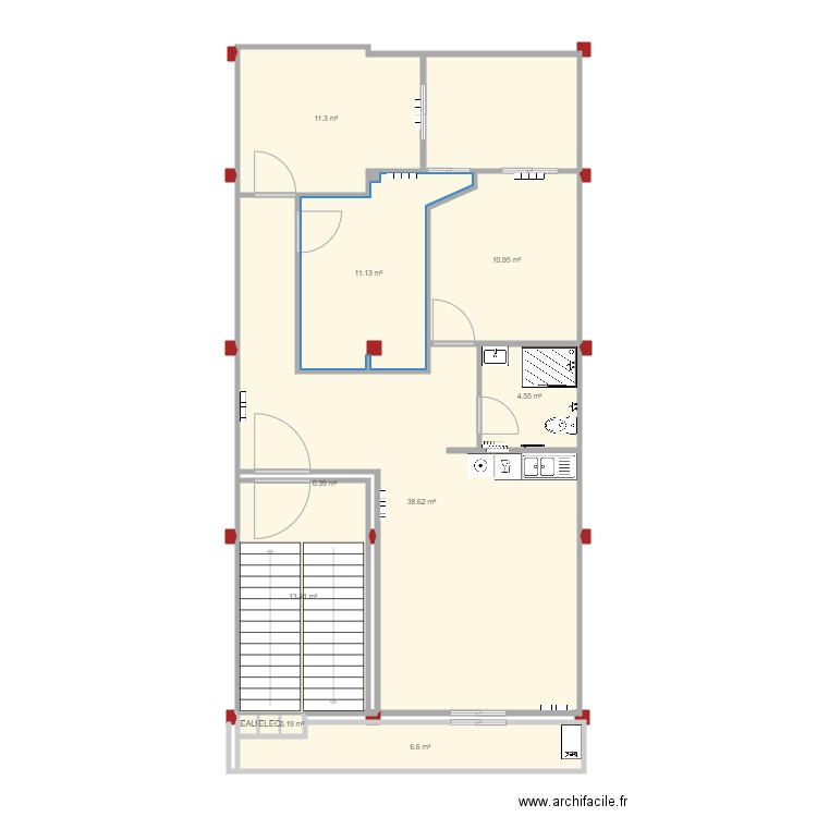 1 ER ETAGE PLOMBERIE. Plan de 13 pièces et 106 m2