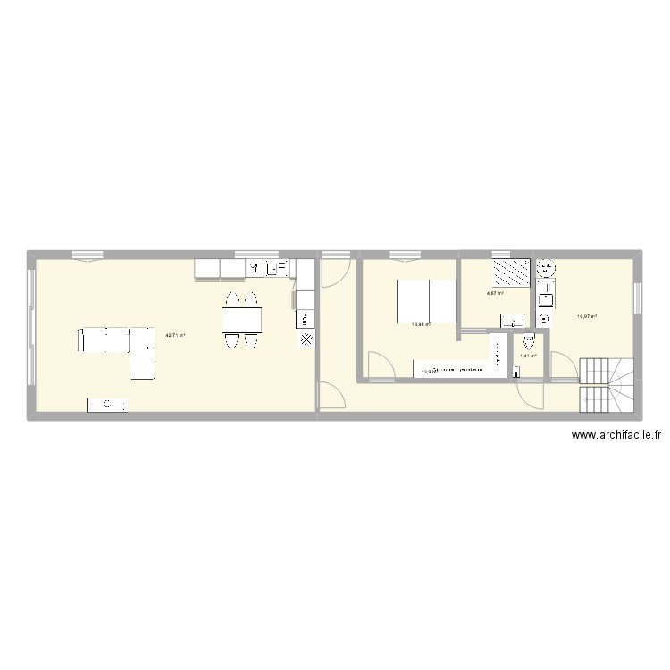 Maison RDC. Plan de 6 pièces et 87 m2