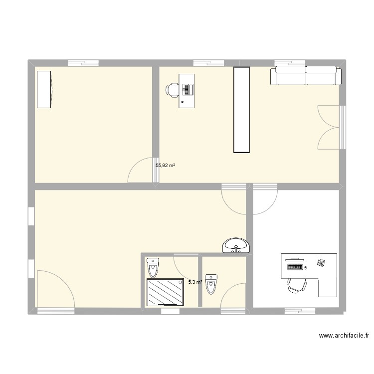 bureau 2. Plan de 2 pièces et 61 m2