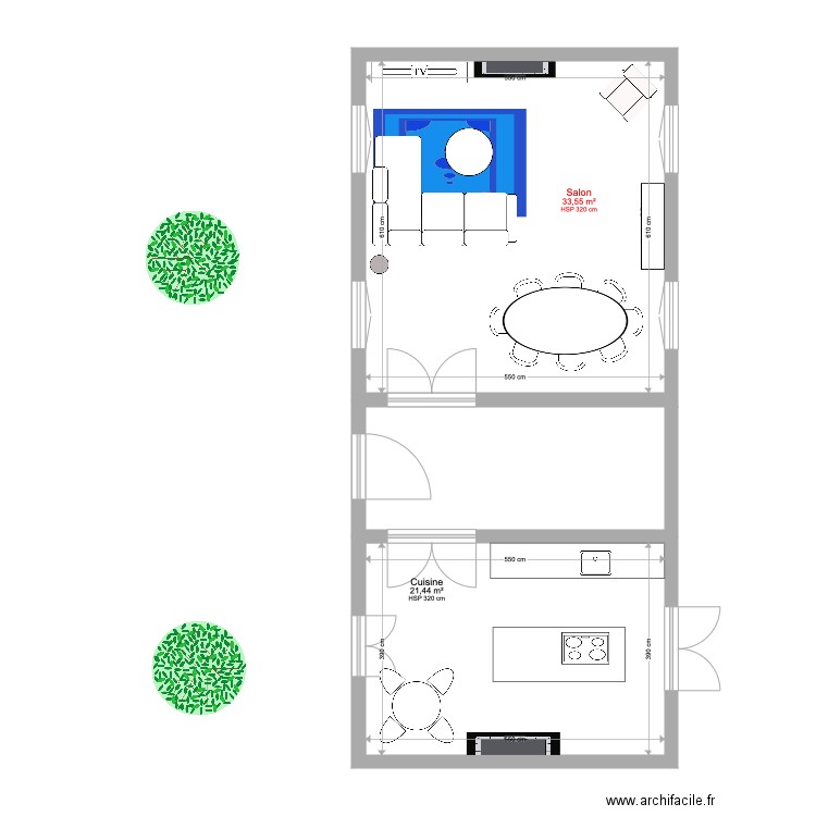 Maison. Plan de 2 pièces et 55 m2