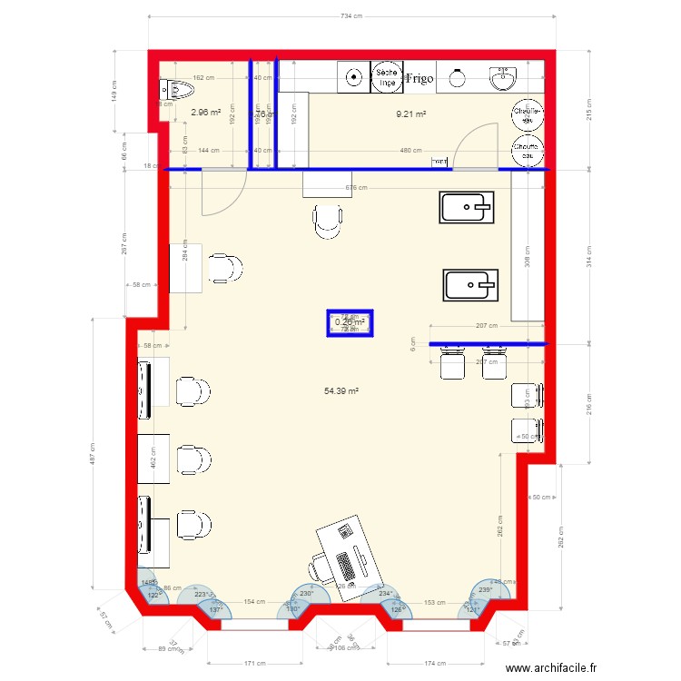 salon de coiffure. Plan de 5 pièces et 68 m2