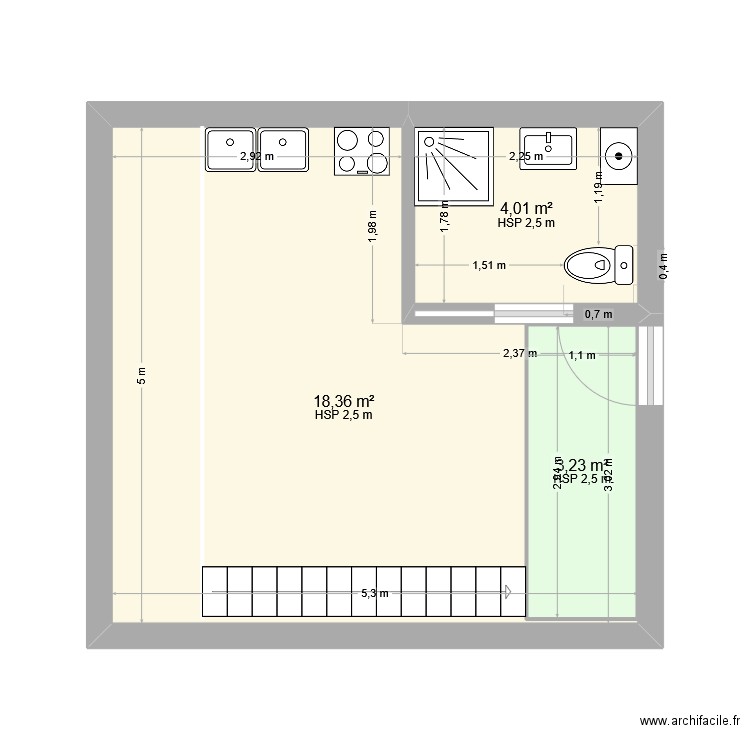 BOUFFIER 3e - Studio gauche. Plan de 3 pièces et 29 m2