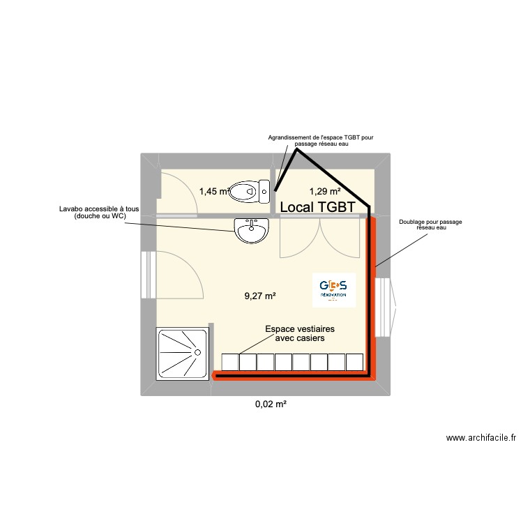 Veolia sanitaires hommes Domène. Plan de 4 pièces et 12 m2