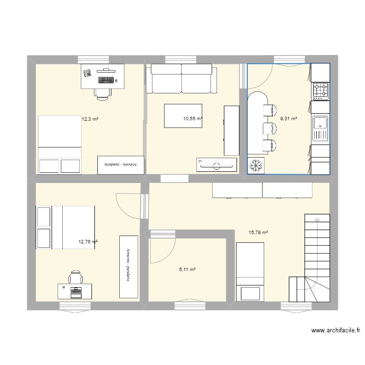 saint Just 1er étage. Plan de 6 pièces et 66 m2