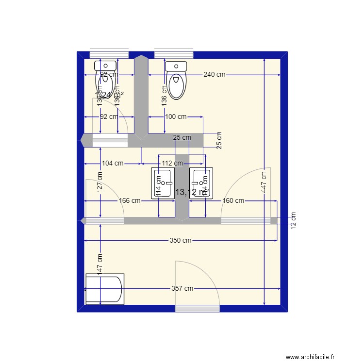 WC HANDICAPES. Plan de 2 pièces et 14 m2