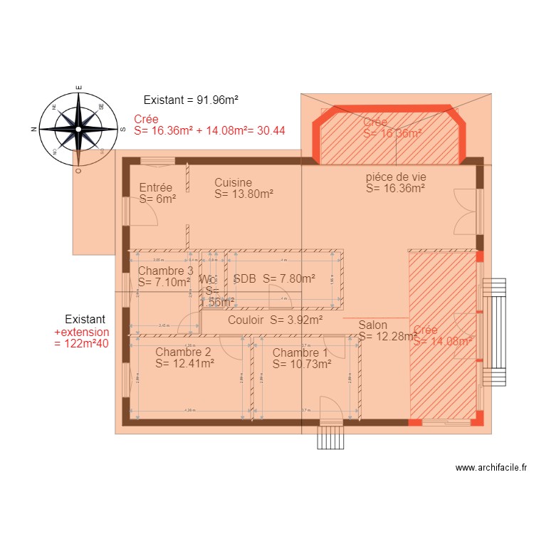 Plan existant et projet   chalet 90. Plan de 6 pièces et 115 m2