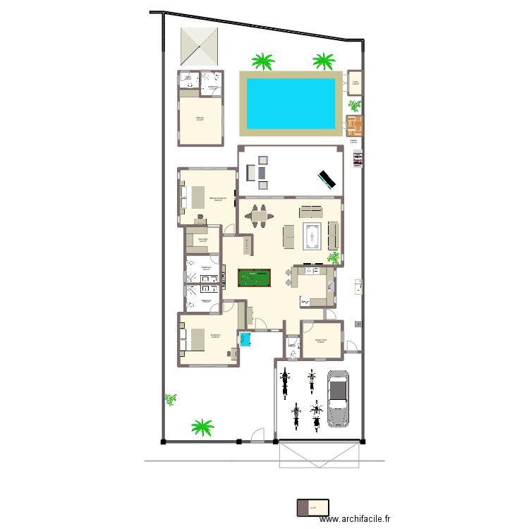 Plan Doi Saket piscine coté arbre . Plan de 14 pièces et 180 m2