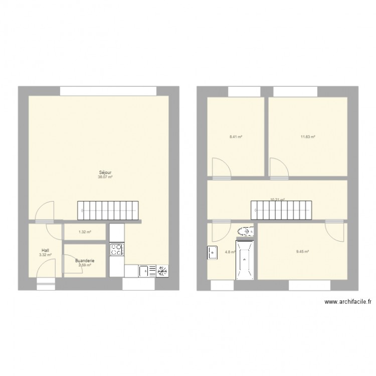 Maison ouvrière . Plan de 9 pièces et 90 m2