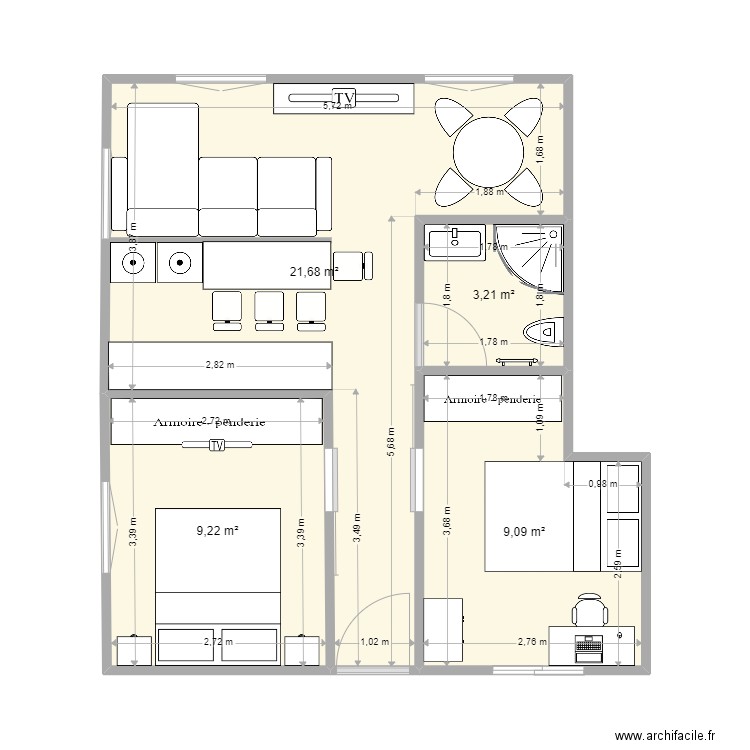 momo n°2 version 2. Plan de 4 pièces et 43 m2