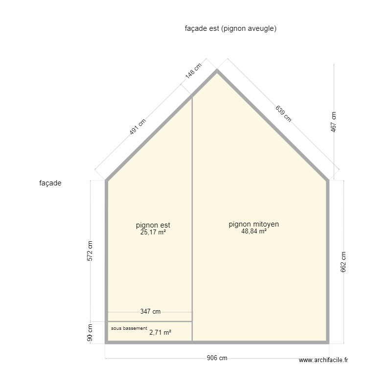Ziegelau ouest (pignon). Plan de 3 pièces et 77 m2