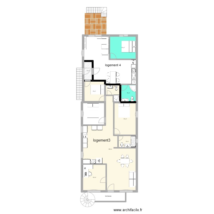 Logement 3 et 4. Plan de 8 pièces et 107 m2