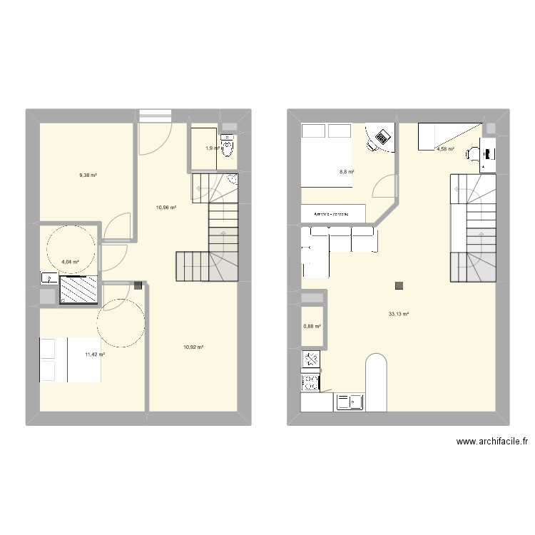 duplex2. Plan de 16 pièces et 104 m2