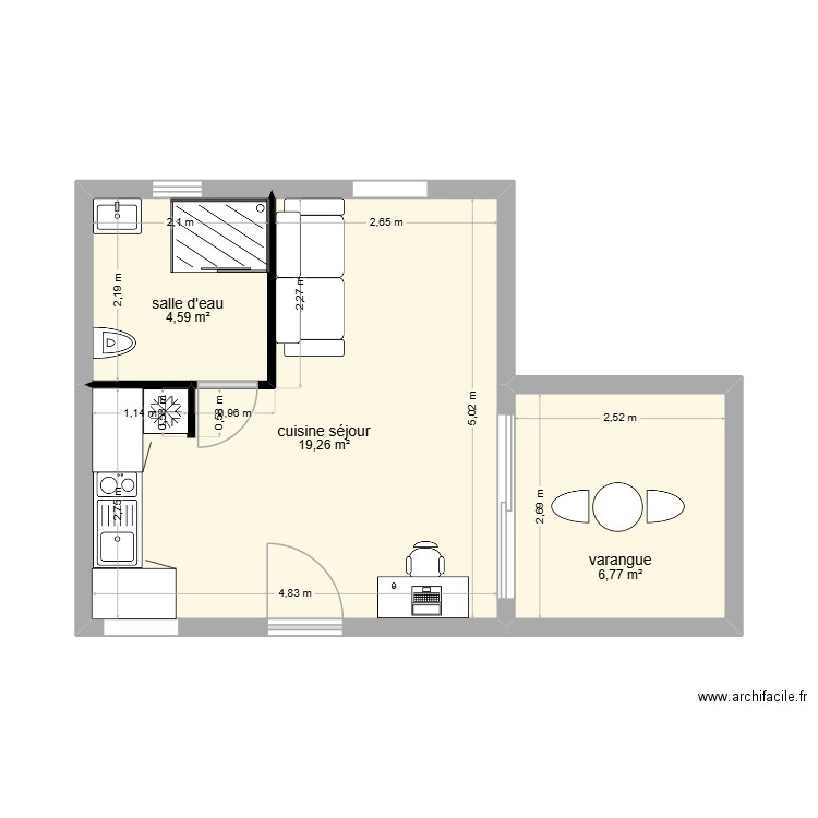 studio. Plan de 3 pièces et 31 m2