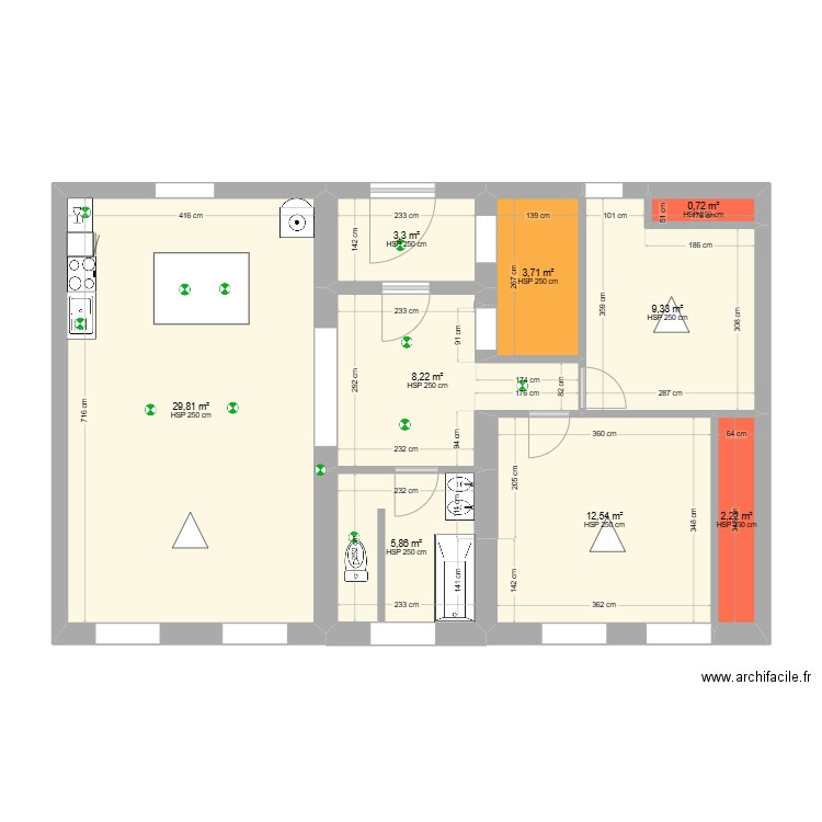 1er etage. Plan de 9 pièces et 75 m2