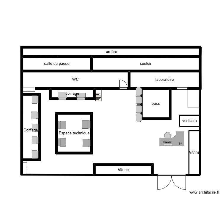 aménagement d'un salon de coiffure. Plan de 12 pièces et 22 m2