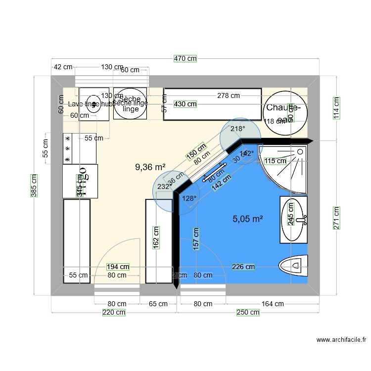 SALLE DE BAINS BAS. Plan de 2 pièces et 14 m2