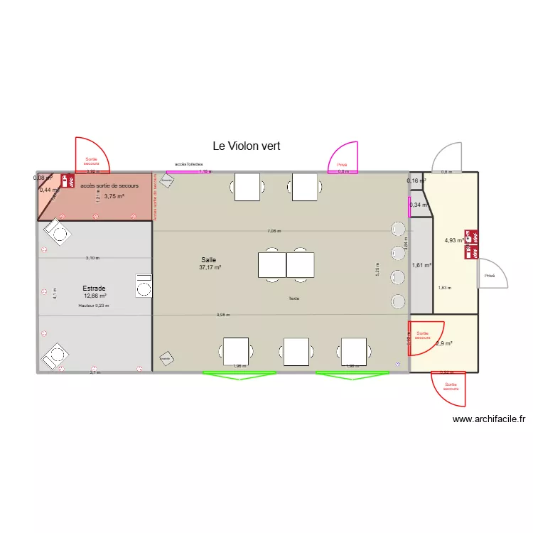 salle 1. Plan de 9  et 64 m²