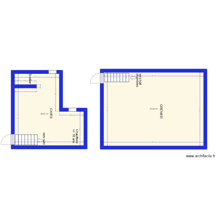 VILLERS LA VILLE  grenier + caves. Plan de 2 pièces et 70 m2