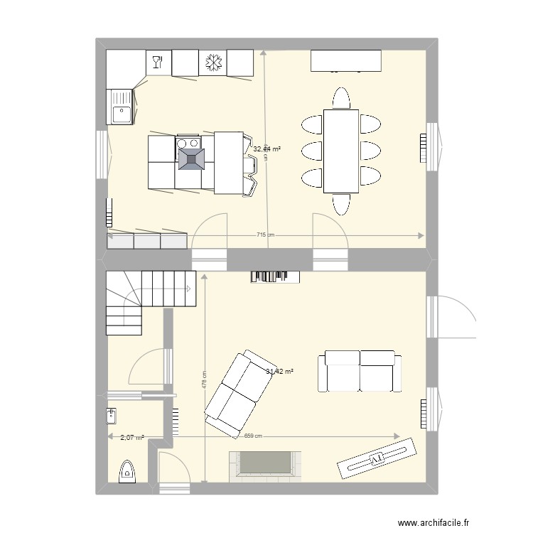 maison principale Rdc. Plan de 3 pièces et 66 m2