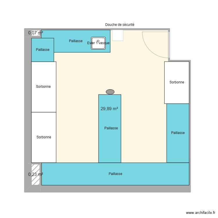 Labo R&D rdc. Plan de 3 pièces et 30 m2