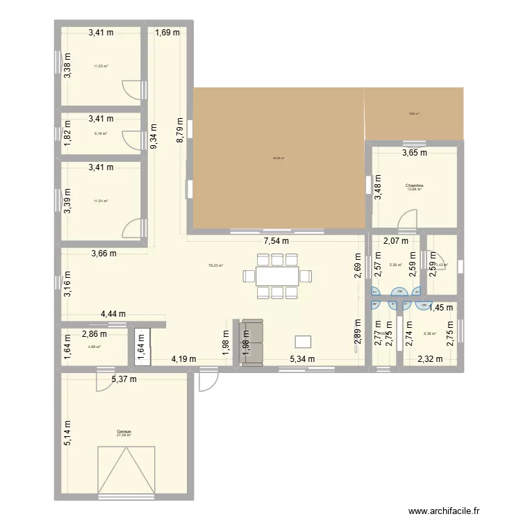 Plain pied U - 3 chambres - 140m. Plan de 11 Pièces et 171 m²