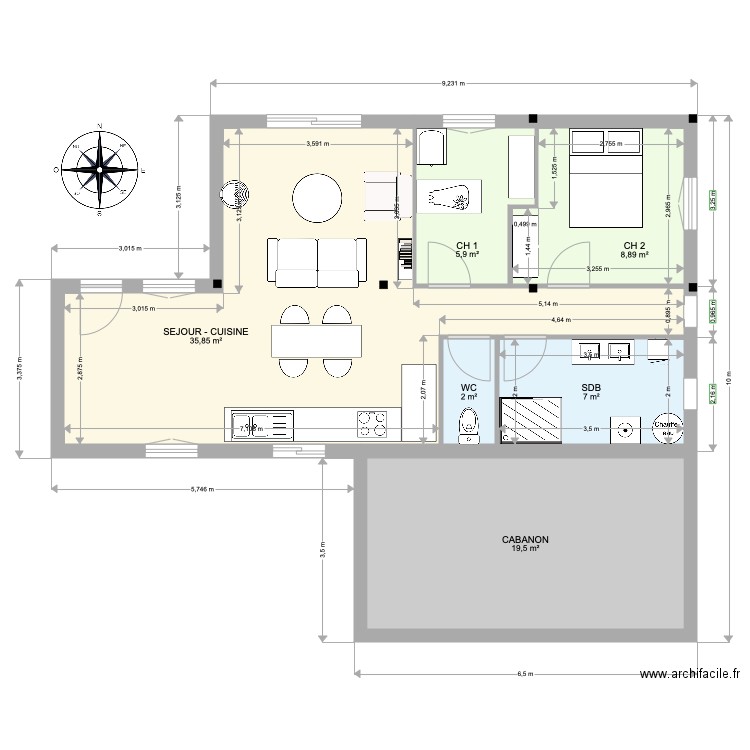 Appartement 58m2. Plan de 0 pièce et 0 m2